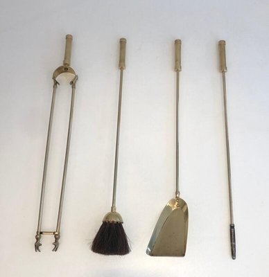 Brass Fire Place Tools on Stand, France, 1970s, Set of 5-BA-874700