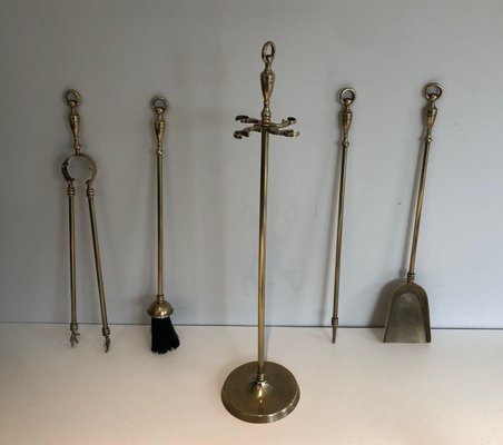 Brass Fireplace Tools on Stand, 1970s, Set of 5-BA-1383685