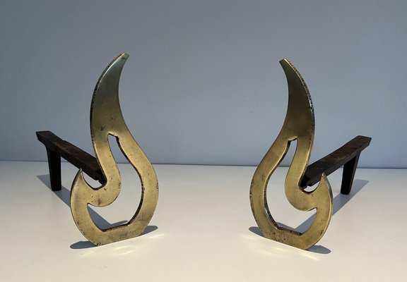 Brass Flame Andirons, 1970s, Set of 2-BA-1524625