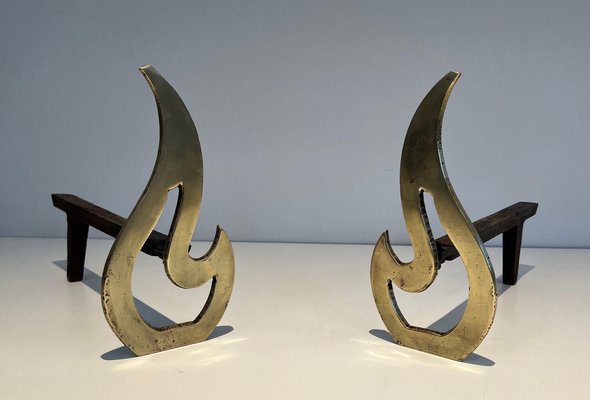 Brass Flame Andirons, 1970s, Set of 2-BA-1524625