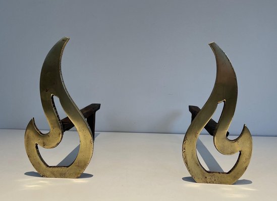 Brass Flame Andirons, 1970s, Set of 2-BA-1524625