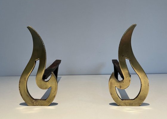 Brass Flame Andirons, 1970s, Set of 2-BA-1524625