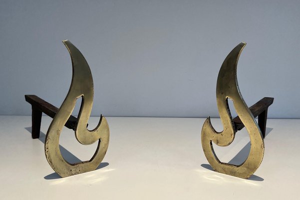 Brass Flame Andirons, 1970s, Set of 2-BA-1524625