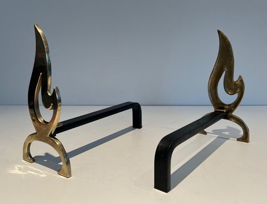 Brass Flame Andirons, 1970s, Set of 2-BA-1481489