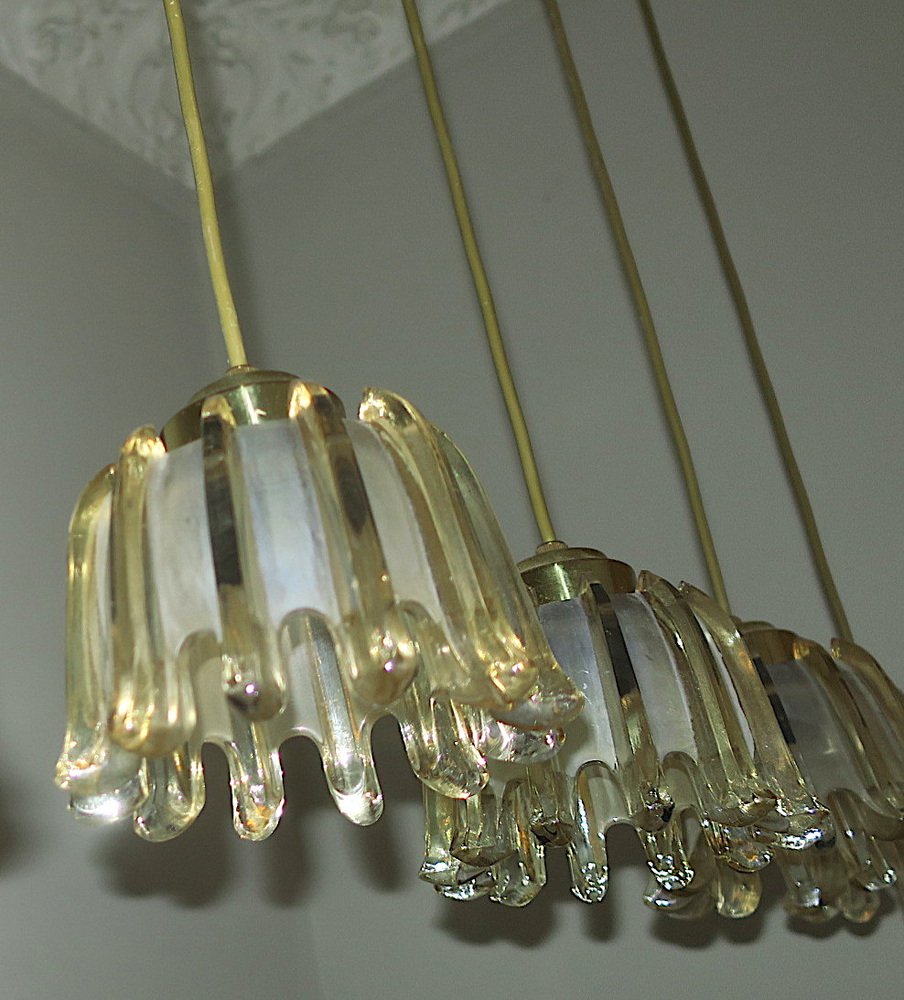 Brass & Frosted Amber Glass Pendant Lights from Doria Leuchten, 1960s, Set of 5