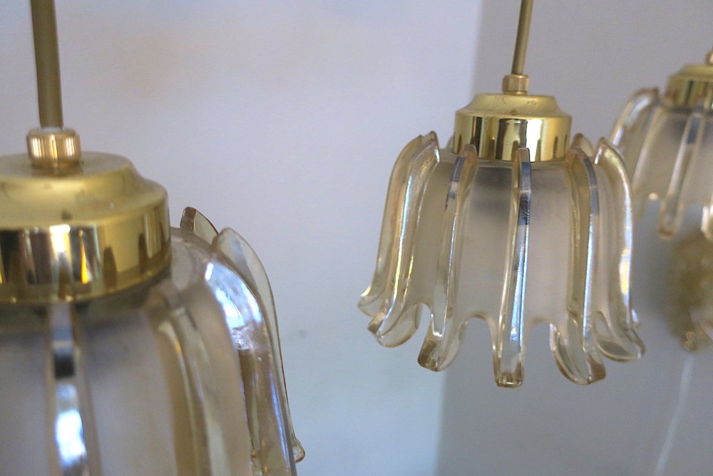 Brass & Frosted Amber Glass Pendant Lights from Doria Leuchten, 1960s, Set of 5