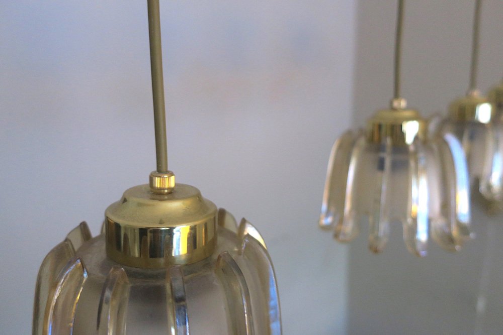 Brass & Frosted Amber Glass Pendant Lights from Doria Leuchten, 1960s, Set of 5