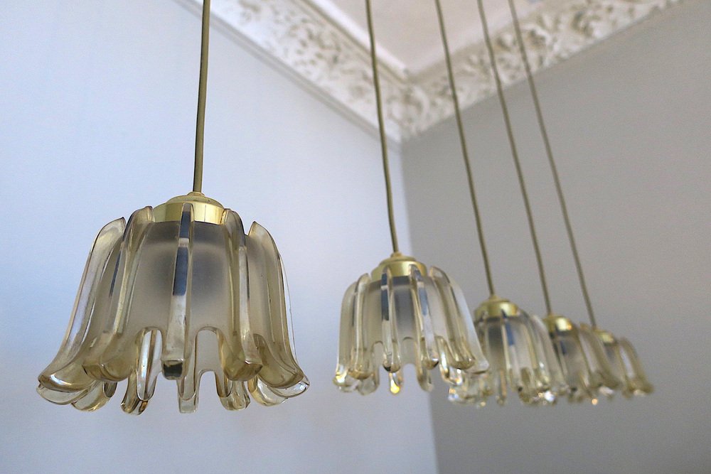 Brass & Frosted Amber Glass Pendant Lights from Doria Leuchten, 1960s, Set of 5