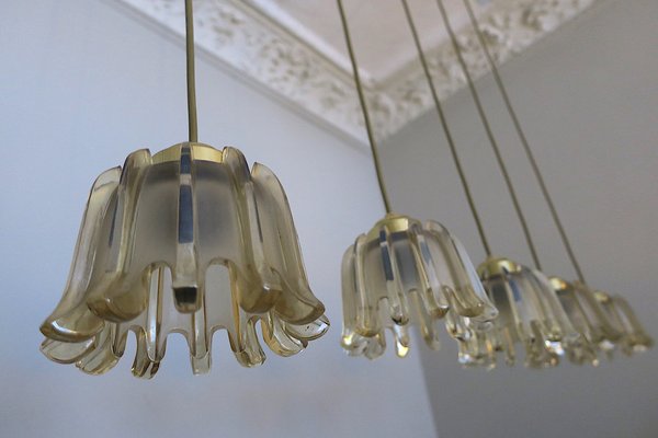 Brass & Frosted Amber Glass Pendant Lights from Doria Leuchten, 1960s, Set of 5-ED-1732231