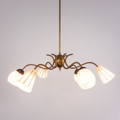 Brass & Glass 6-Light Pendant Lamp, 1950s-ZLY-914304