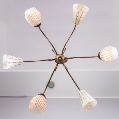 Brass & Glass 6-Light Pendant Lamp, 1950s-ZLY-914304