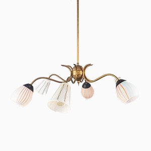 Brass & Glass 6-Light Pendant Lamp, 1950s-ZLY-914304