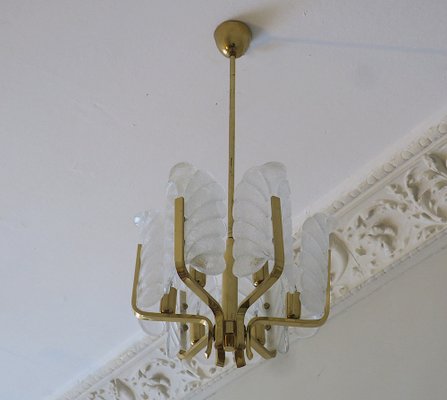 Brass & Glass Acanthus Leaf Chandelier by Carl Fagerlund for Orrefors, Sweden, 1960s-ED-1733140