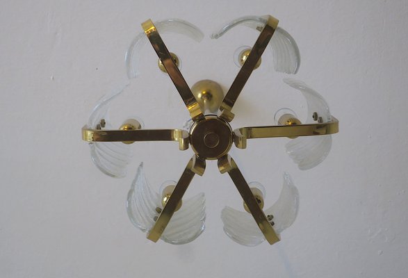 Brass & Glass Acanthus Leaf Chandelier by Carl Fagerlund for Orrefors, Sweden, 1960s-ED-1733140