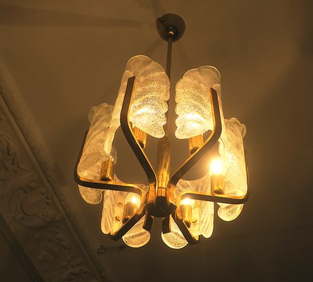 Brass & Glass Acanthus Leaf Chandelier by Carl Fagerlund for Orrefors, Sweden, 1960s-ED-1733140