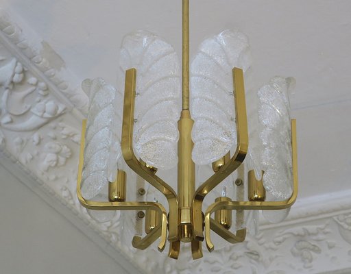 Brass & Glass Acanthus Leaf Chandelier by Carl Fagerlund for Orrefors, Sweden, 1960s-ED-1733140