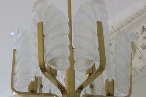 Brass & Glass Acanthus Leaf Chandelier by Carl Fagerlund for Orrefors, Sweden, 1960s-ED-1733140