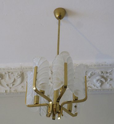 Brass & Glass Acanthus Leaf Chandelier by Carl Fagerlund for Orrefors, Sweden, 1960s-ED-1733140