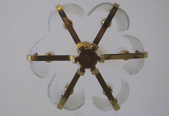 Brass & Glass Acanthus Leaf Chandelier by Carl Fagerlund for Orrefors, Sweden, 1960s-ED-1733140