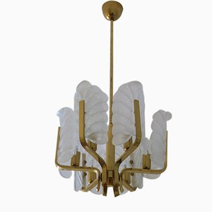 Brass & Glass Acanthus Leaf Chandelier by Carl Fagerlund for Orrefors, Sweden, 1960s-ED-1733140