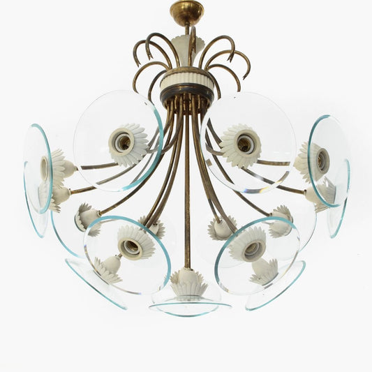 Brass & Glass Chandelier with 16 Lights, 1950s