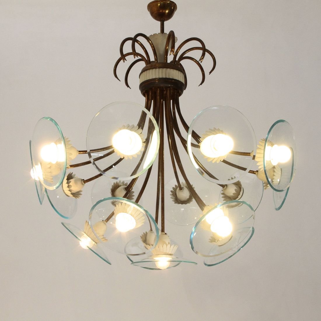 Brass & Glass Chandelier with 16 Lights, 1950s