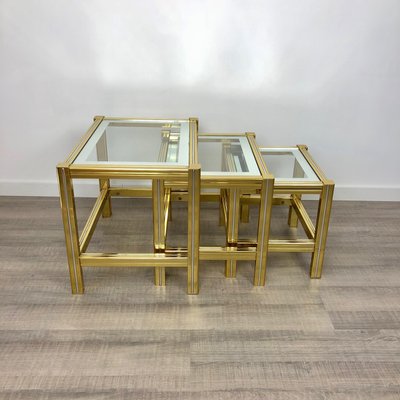 Brass, Glass & Chrome Side Coffee Tables, 1970s, Set of 3-LYQ-1171775