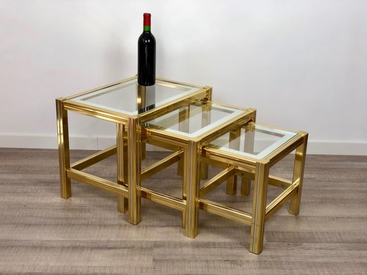 Brass, Glass & Chrome Side Coffee Tables, 1970s, Set of 3-LYQ-1171775