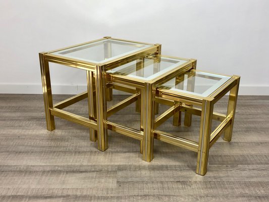 Brass, Glass & Chrome Side Coffee Tables, 1970s, Set of 3-LYQ-1171775