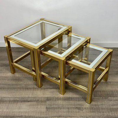 Brass, Glass & Chrome Side Coffee Tables, 1970s, Set of 3-LYQ-1171775