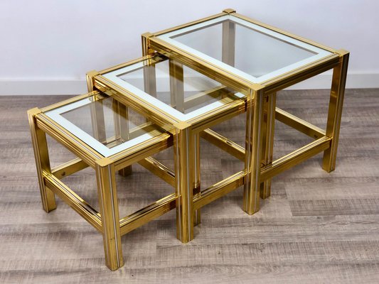 Brass, Glass & Chrome Side Coffee Tables, 1970s, Set of 3-LYQ-1171775