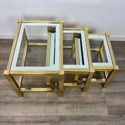 Brass, Glass & Chrome Side Coffee Tables, 1970s, Set of 3-LYQ-1171775