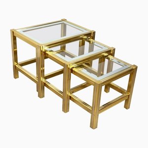 Brass, Glass & Chrome Side Coffee Tables, 1970s, Set of 3-LYQ-1171775