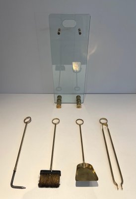 Brass & Glass Fireplace Tools, 1970s, Set of 5-BA-1481483