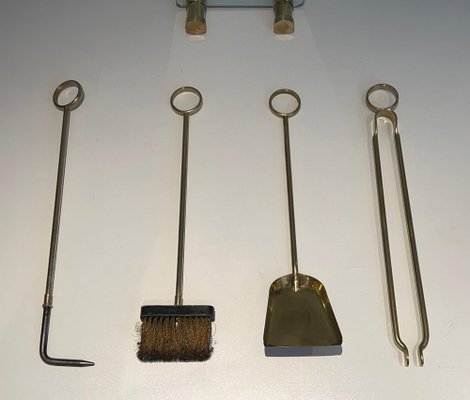 Brass & Glass Fireplace Tools, 1970s, Set of 5-BA-1481483