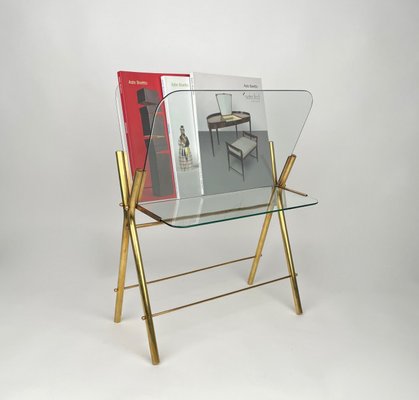 Brass & Glass Magazine Rack, Italy, 1950s-LYQ-1171223