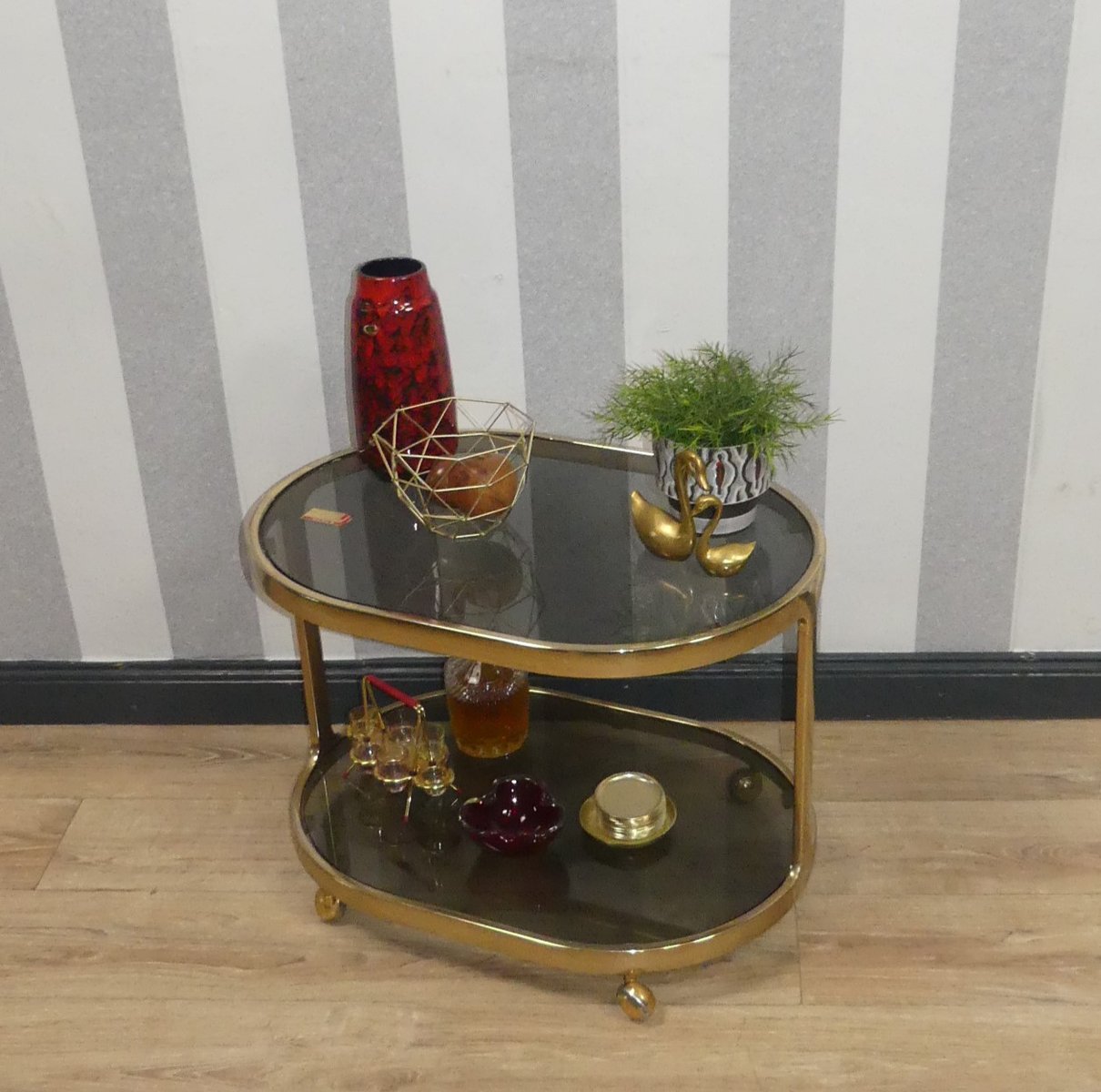 Brass & Glass Tea Cart Bar Cart with Crystal Mirror Glass from Ilse Möbel, 1970s