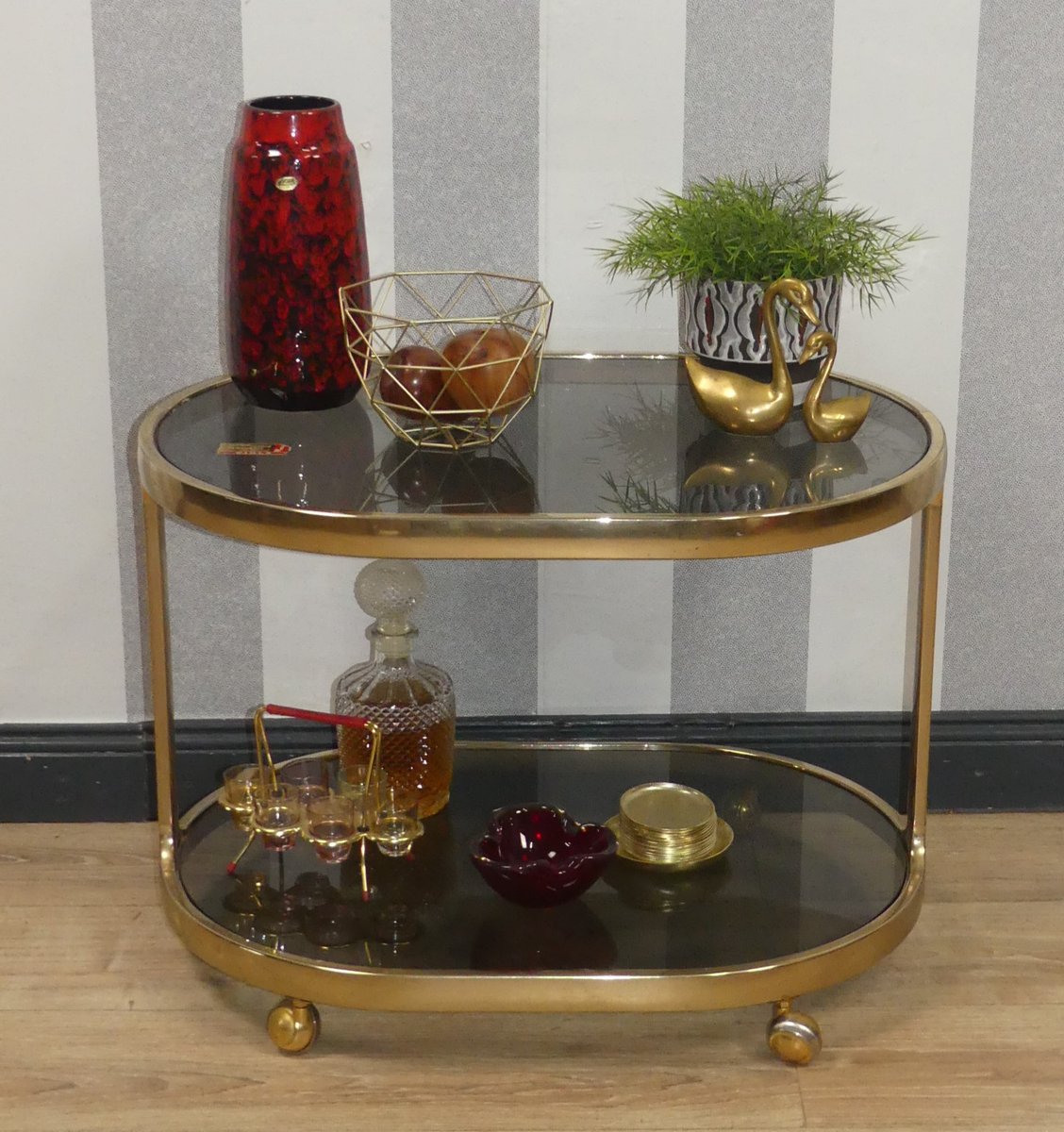 Brass & Glass Tea Cart Bar Cart with Crystal Mirror Glass from Ilse Möbel, 1970s