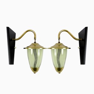 Brass & Glass Wall Lamps, 1950s, Set of 2-BH-1427834