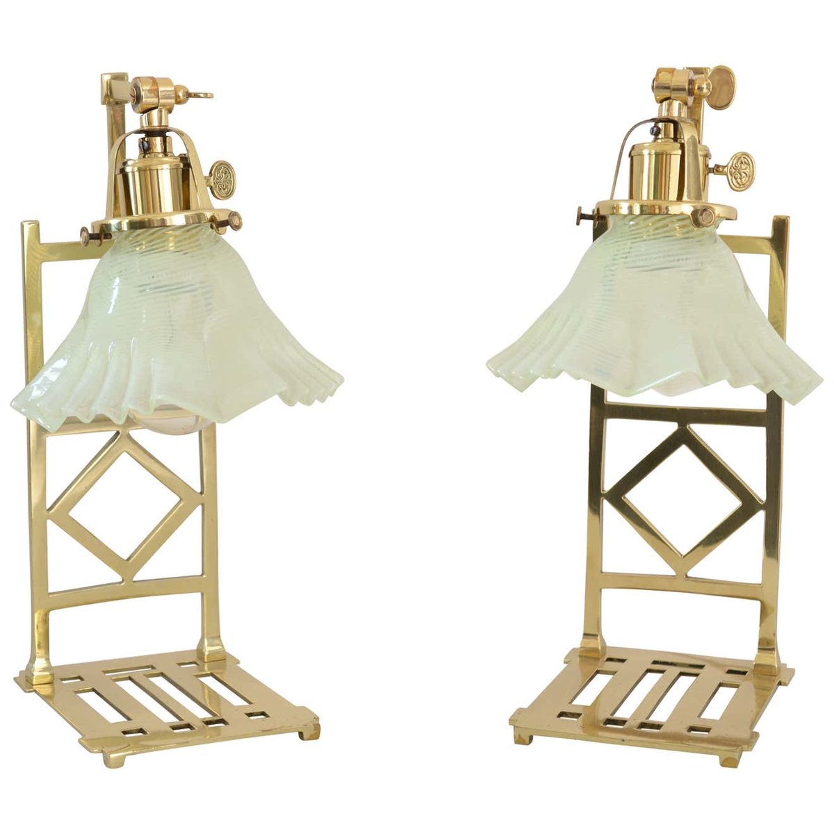 Brass Jugendstil Table Lamps with Shades in Opaline Glass, Set of 2