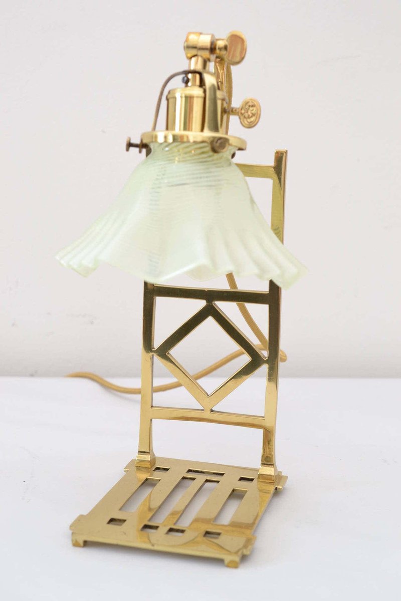 Brass Jugendstil Table Lamps with Shades in Opaline Glass, Set of 2