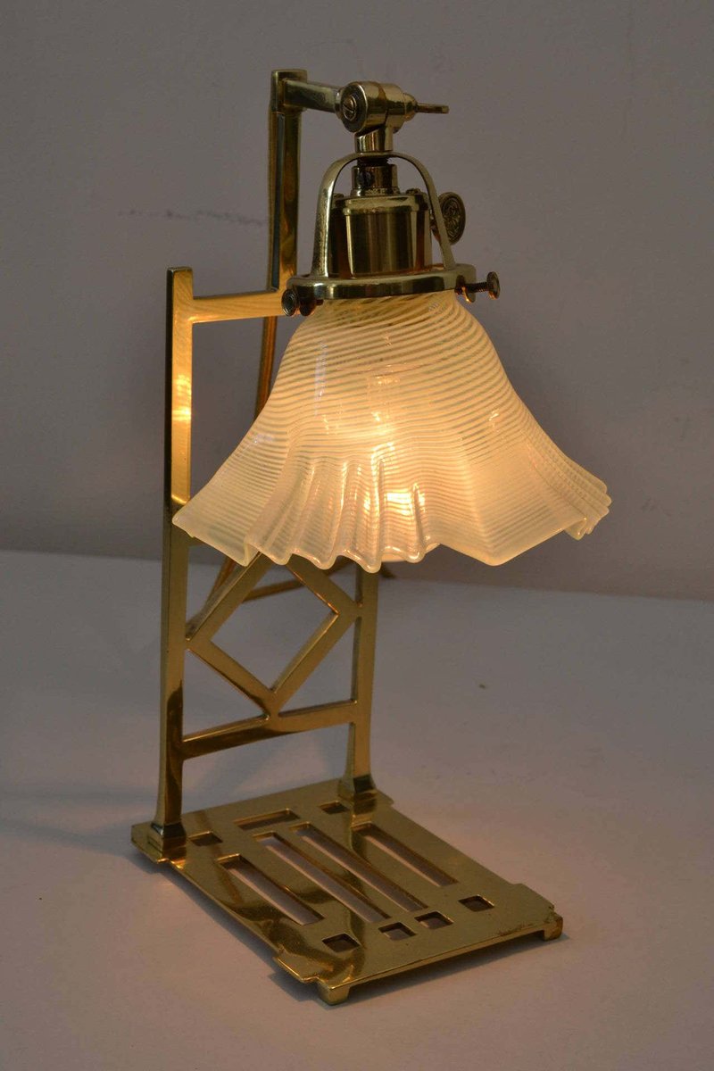 Brass Jugendstil Table Lamps with Shades in Opaline Glass, Set of 2