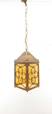 Brass Lantern Hanging Light in Amber Glass-QLH-1336592