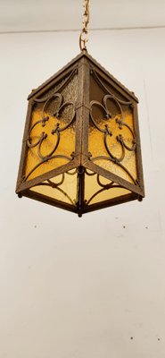 Brass Lantern Hanging Light in Amber Glass-QLH-1336592