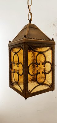 Brass Lantern Hanging Light in Amber Glass-QLH-1336592