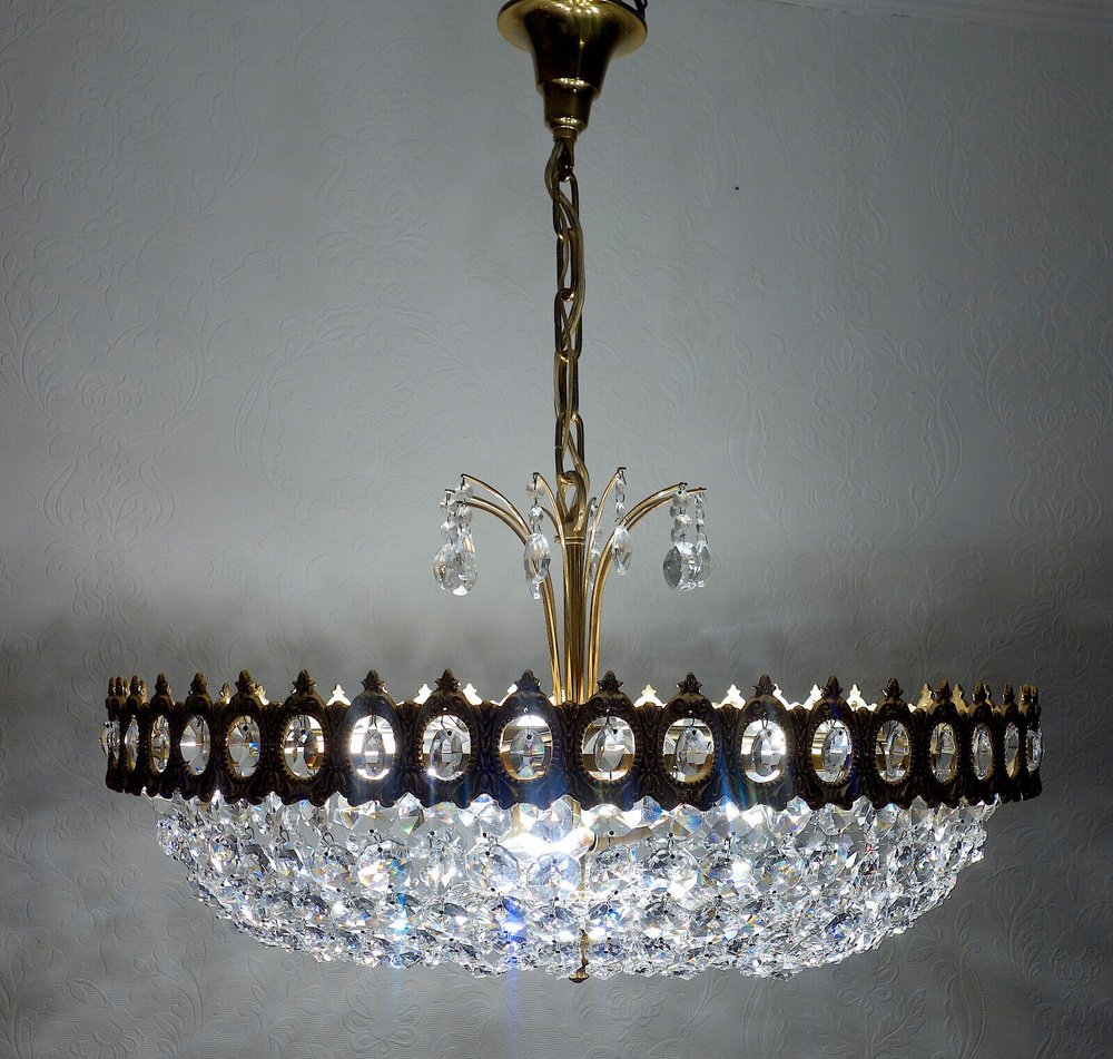 Brass & Lead Crystal Chandelier from Palwa, 1970s