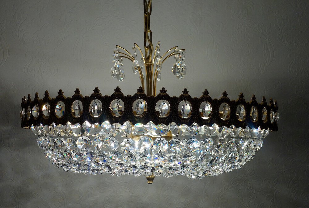 Brass & Lead Crystal Chandelier from Palwa, 1970s