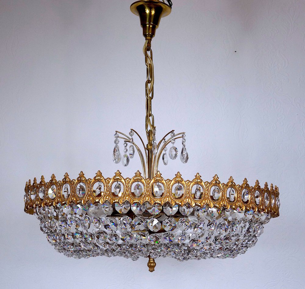 Brass & Lead Crystal Chandelier from Palwa, 1970s