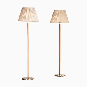 Brass & Leather Floor Lamps, Sweden, 1950s, Set of 2-QU-1719620