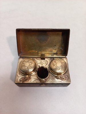 Brass & Leather Travel Inkwell Set, 19th-Century, Set of 3-AWH-1364658